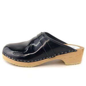 Dala Black Patent Leather Swedish Wooden Clogs EUR 40